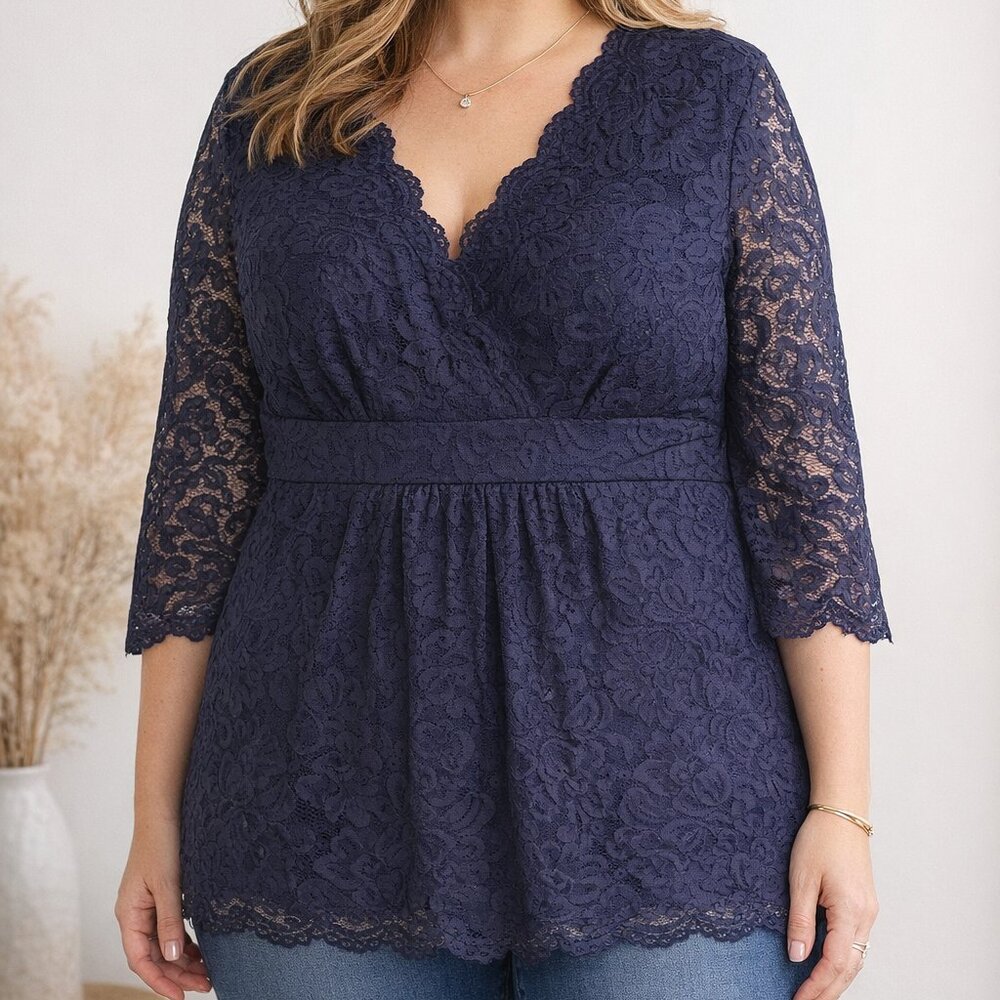 ROAMAN'S Women's Plus Size Dressy Lace Babydoll Blouse Top Crossover V Neck Navy